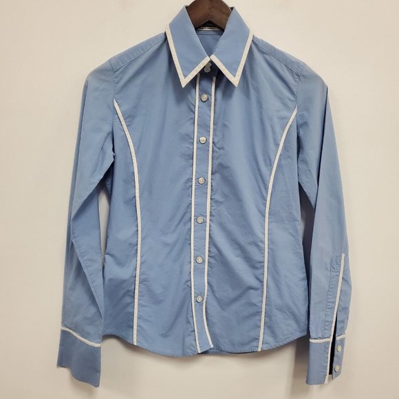 Carolina Herrera Womens Button Front Top Size S Blue Slim Long Sleeve Point - Picture 1 of 7